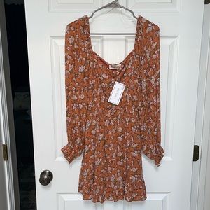 PEACH LOVE Pumpkin Floral Puff Sleeve Smocked Waist Dress - NWT